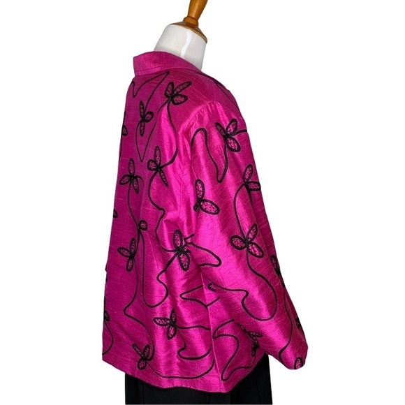Anage Women’s Silk Fuchsia Pink Black Embroidered Full Zip Blazer Jacket Size 2X - Picture 7 of 15